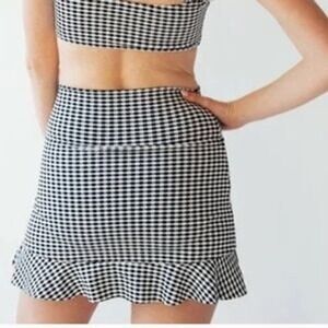 Albion Gingham Swim Skirt High Waisted Black White Ruffle Hem - Large